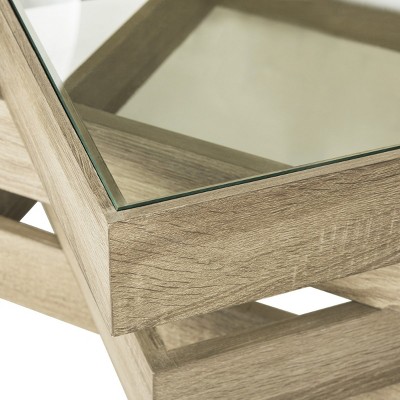 Transitional Geometric 34" Square Wood and Glass Coffee Table in Beige