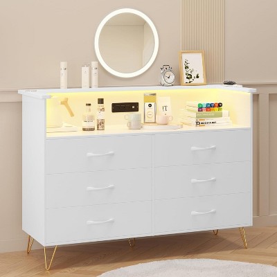 Dresser for Bedroom with LED Light & Charging Station, 6 Drawers Wooden Dressers with Open Space, Modern Chest of Double Wide Drawers