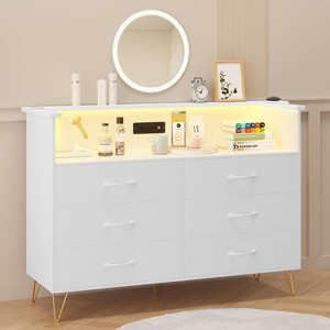 Dresser for Bedroom with LED Light & Charging Station, 6 Drawers Wooden Dressers with Open Space, Modern Chest of Double Wide Drawers White - 1 of 4