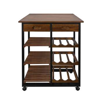 28" Solid Wood Rolling Kitchen Cart with Wine Rack and Drawer Dark Brown - Flora Home
