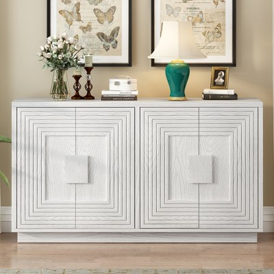 60"W 4-Door Sideboard Storage Cabinet with Adjustable Shelves and Geometric Pattern, Vintage and Distressed-ModernLuxe