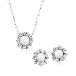 Ross-Simons 5-6mm Cultured Pearl and 1.30 ct. t.w. CZ Jewelry Set: Halo Earrings and Necklace in Sterling Silver Size 16 - 1 of 4