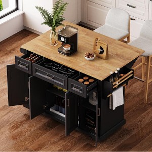 JUJABU 54'' Large Kitchen Island with Rubber Wood Drop Leaf, Rolling Cart with Embossed Texture, 4 Wheels, 4 Doors & 3 Drawers - 1 of 4