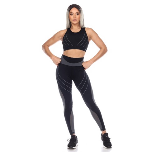 Women's Cut Out Back Mesh Sports Bra & Leggings Set Black Small - White Mark