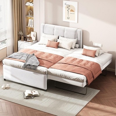 Streamdale Full Size Upholstery platform bed with Trundle,Trundle can be flat or erected, Beige