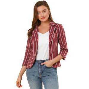 Allegra K Women's Striped 3/4 Sleeves Open Front Casual Notched Lapel Blazer - 1 of 4