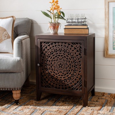 Thea Brown Carved Wood 1-Door Nightstand
