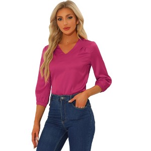 INSPIRE CHIC Women's V Neck 3/4 Sleeve Casual Office Work Satin Blouses - 1 of 4