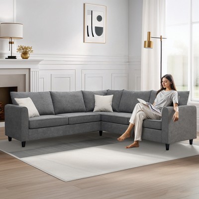 Modern Upholstered Living Room Sectional Sofa, With 3 Pillows, Gray - ModernLuxe