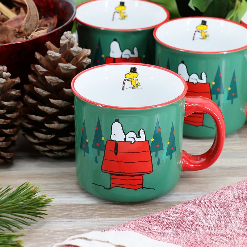 Peanuts Snoopy Christmas 4 Piece 21 Ounce Stoneware Camper Mug Set in Green and Red, 4 of 7