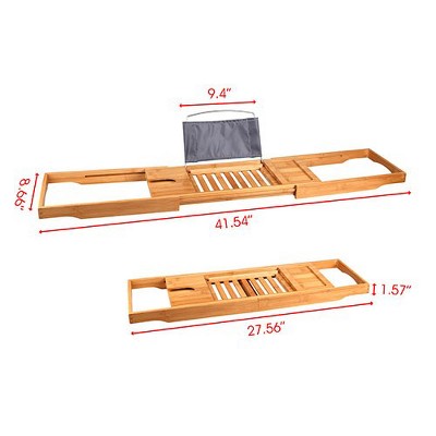 Extendable Natural Bamboo Bathtub Caddy Tray with Wine Holder