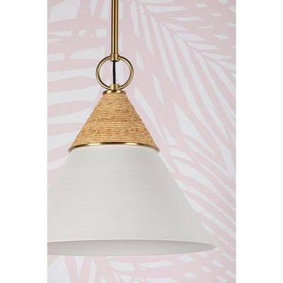 Aged Brass and White Cone Pendant Light with Rattan Accent