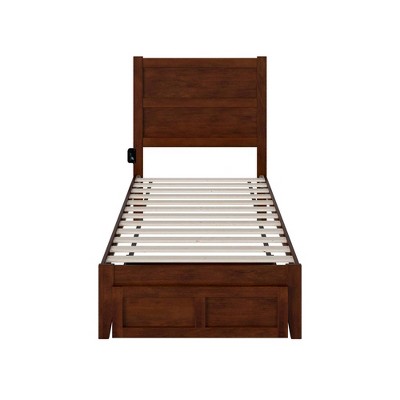 Walnut Twin Wood Platform Bed with Foot Drawer