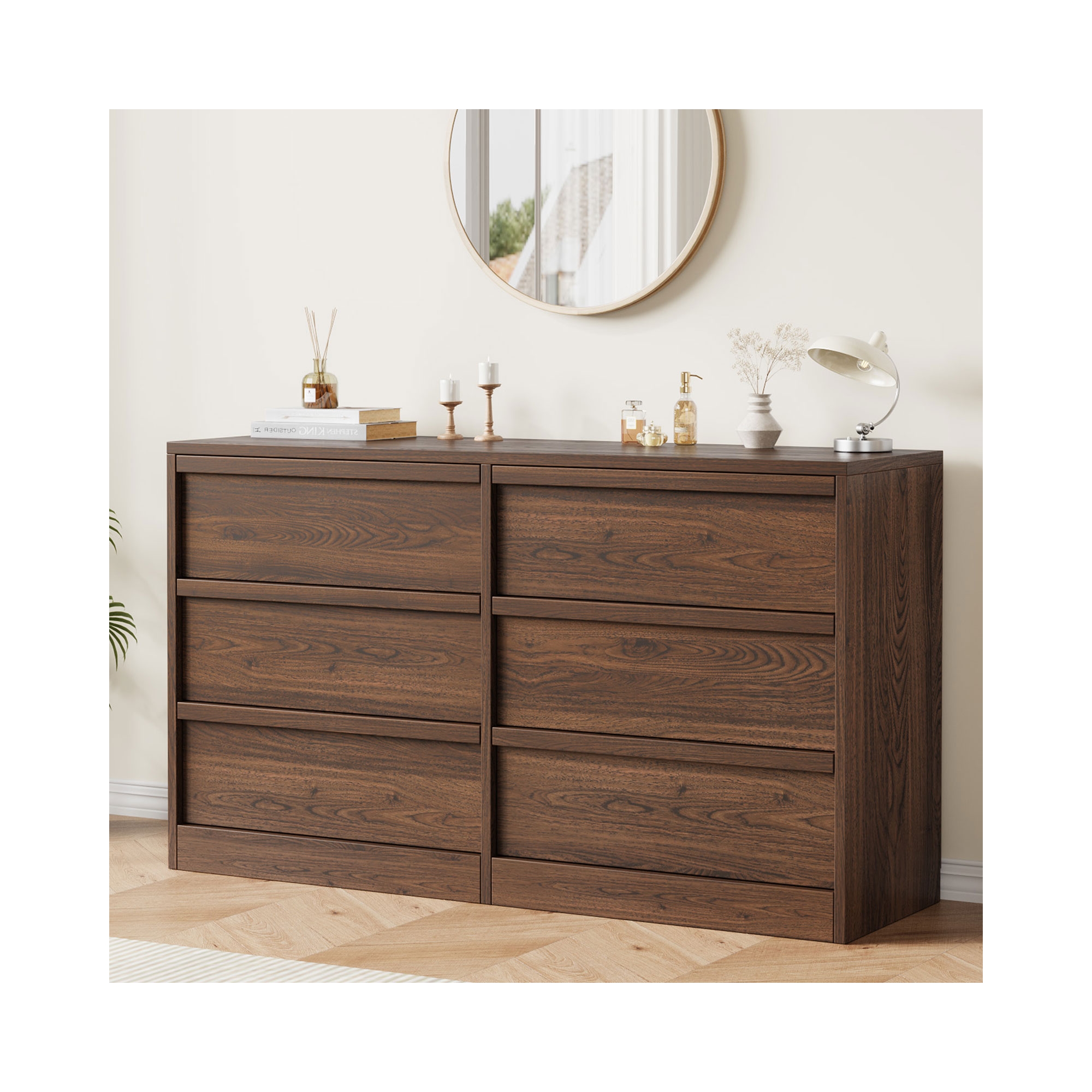 6 Drawer Dresser for Bedroom, Walnut 6 Chest of Drawers with Concave Handles, Modern Dresser Organizer for Bedroom Living Room Nursery Hallway