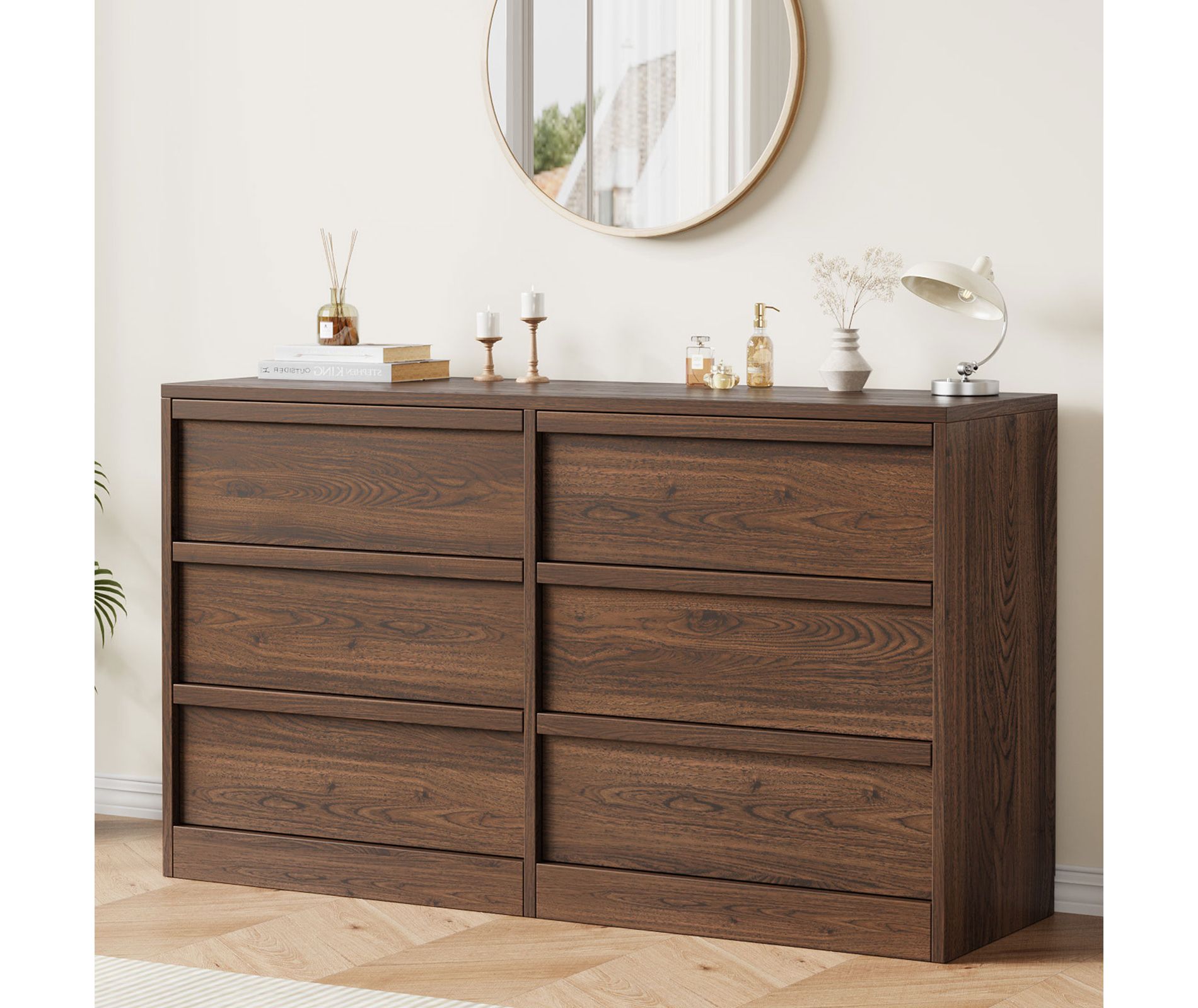 6 Drawer Dresser for Bedroom, Walnut 6 Chest of Drawers with Concave Handles, Modern Dresser Organizer for Bedroom Living Room Nursery Hallway