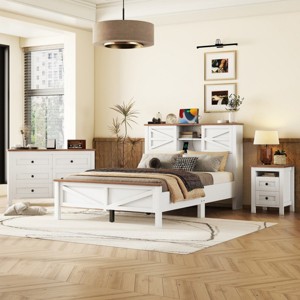 3-Pieces Bedroom Sets, Full Size Farmhouse Platform Bed,  Double Storage And Charging Station, Storage Nightstand And Dresser-Cuddlewood - 1 of 4
