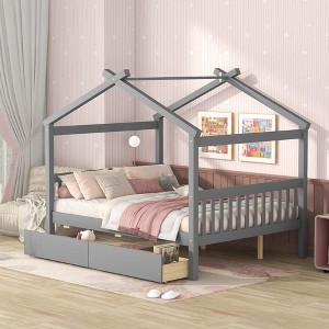 Full Size Wooden House Bed with Drawers - 1 of 4