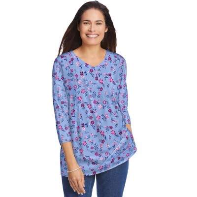 Woman Within Plus Size Perfect Printed Three-Quarter Sleeve V-Neck Tee