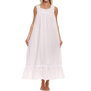 ADR Women's Cotton Nightgown, Sleeveless Lace Trimmed Button Up Long Vintage Night Dress Gown - 1 of 4