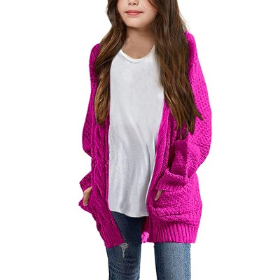 Cardigan for Girls Open Front Sweater Long Sleeve Loose Fit Sweater Jacket,Rose Pink - L