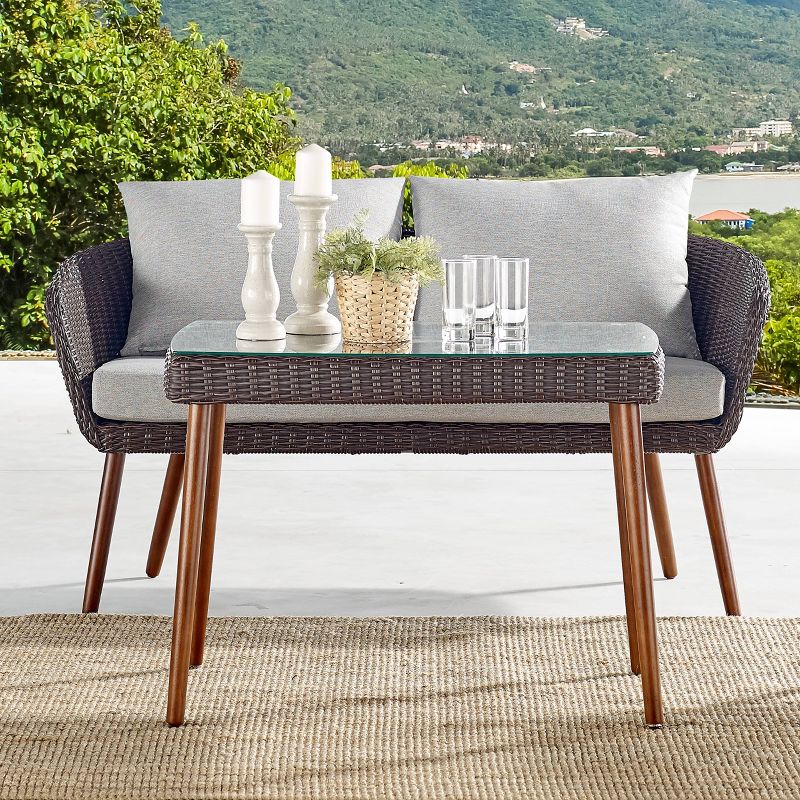 All-Weather Wicker Athens Outdoor 2-Seat Bench with Cushions Brown - Alaterre Furniture, 3 of 14