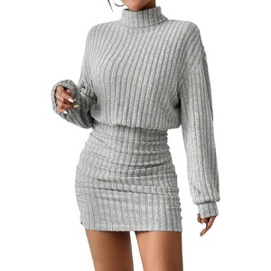 Long Lantern Sleeve Ribbed Knit Sweater Dress, Turtle Neck Bodycon Mini Pullover Dress for Women, Fall and Winter Fashion Light Gray - 1 of 4