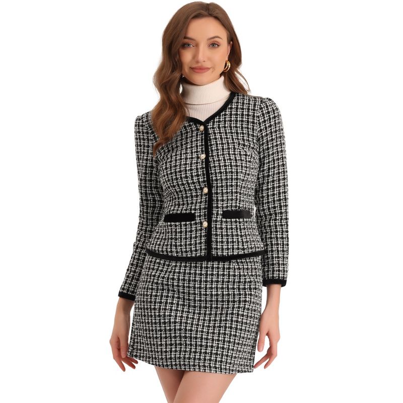 Allegra K Women's Outfits Plaid Tweed Short Blazer and Skirt Suit Set 2 Pieces, 1 of 6