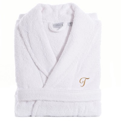 Linum Home Textiles 100% Turkish Cotton Unisex Personalized Terry Bathrobe White in Gold Script Font