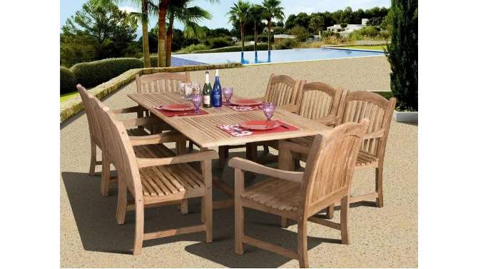 Newcastle 9pc Patio Teak Wood Extendable Dining Set - International Home Miami, 2 of 8, play video