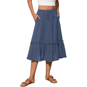 2025 Trendy High Waist Tiered Flowy Skirt for Women - Below Knee with Pockets A-05 Grayish Blue - 1 of 4