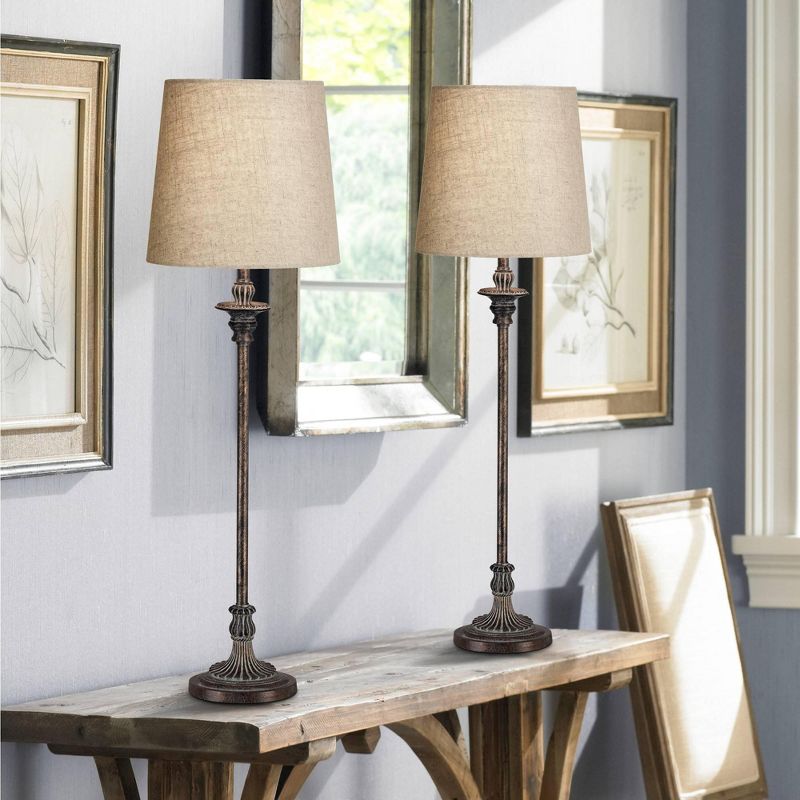 Regency Hill Bentley Traditional Buffet Table Lamps 31 1/2" Tall Set of 2 Weathered Brown Linen Fabric Drum Shade for Bedroom Living Room Bedside Home, 3 of 11