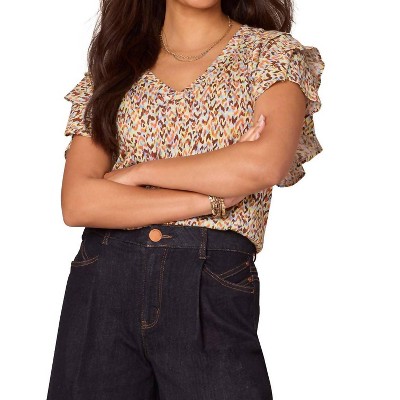 Women's Nectarine Tiered Bell Sleeve V-neck Printed Knit Top - Democracy