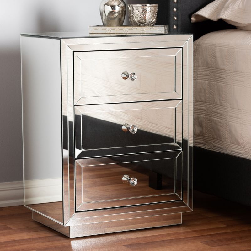 Lina Mirrored 3 Drawer Nightstand Bedside Table Silver - BaxtonStudio, 4 of 9