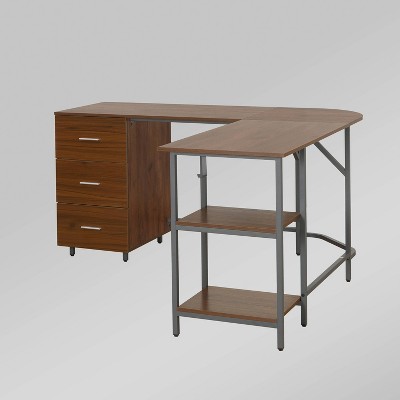 Rustic Walnut Wood Corner Gaming Desk with Drawer Storage