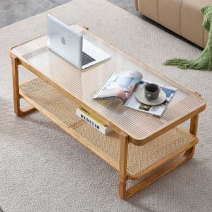 NicBex 45.2"Rustic 2-Tier Rattan Woven Coffee Table with Curved Glass Top,Rectangular Side Table Low Table for Living Room - 1 of 4