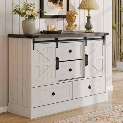 Farmhouse Dresser With Sliding Barn Doors, 45"/58" 4-DrawerWood TV Stand & Storage Chest, Antique White Finish | Multi-Use for Bedroom, Living Room