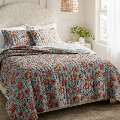 Boho Floral Pink and Teal Cotton Full Quilt