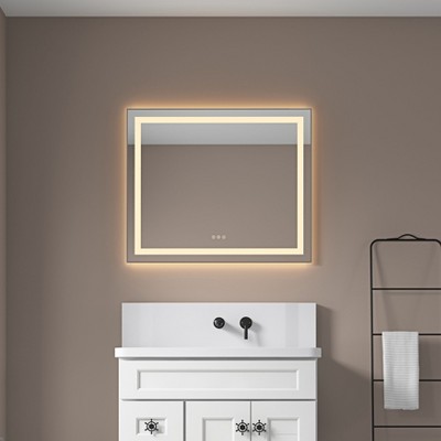 PAGED LED Bathroom Mirror with Front and Backlight, Wall Mounted Vanity Mirror with Aluminum Frame, Anti-Fog, Memory, 3 Colors