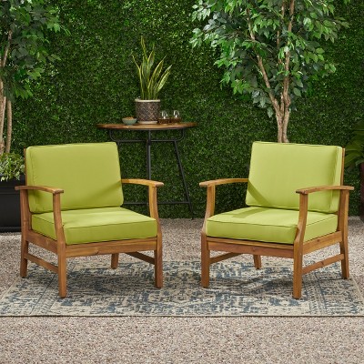 Acacia Wood Club Chairs with Green Cushions, Set of 2