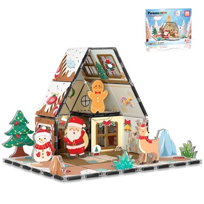 PICASSO-TILES 46 pc Magnetic Tiles, Gingerbread House Theme Building Blocks Set, STEM Educational Toy for Kids