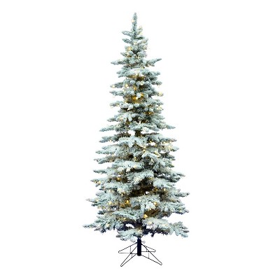 Vickerman Slim Utica 6.5 Foot Frosted Flocked Prelit Artificial Holiday Tree with 400 LED Lights, 744 PVC tips, and Stand for Holiday Season