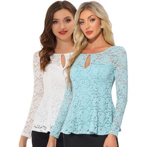 INSPIRE CHIC Women's Floral Lace Front Peplum Hem Keyhole Sheer Long Sleeve Blouse 2 Pieces - 1 of 4