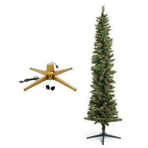 Home Heritage 1-1.5" Artificial Christmas Tree Base Rotating Metal Stand w/Stanley 7' Skinny Pencil 350 Multicolor Lights Artificial Christmas Tree - 1 of 4