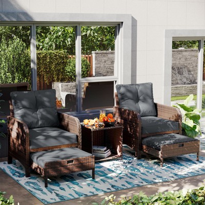 5-Piece PE Wicker Rattan Rattan Seating Patio Conversation Sets With Ottoman