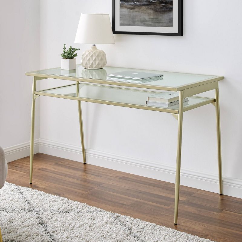 Modern 2 Tier Glass Top Writing Desk with Metal Legs Gold - Saracina Home, 4 of 9
