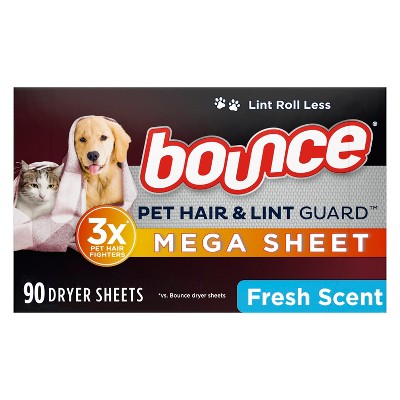 Bounce Pet Hair and Lint Guard Mega Dryer Sheets with 3X Pet Hair Fighters, Fresh Scent, 90 Count