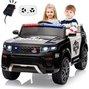 12V Kids Ride-On Police Car with Remote Control, LED Flashing Light, Megaphone, Spring Suspension, Handle, Music (Black) - 1 of 4