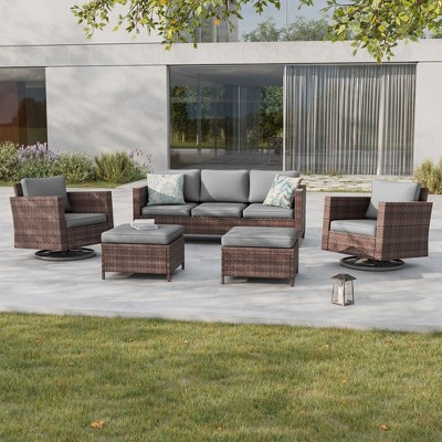 Sonkuki 5-Piece Patio Conversation Set with Swivel Rocking Chair, Navy Blue Cushion