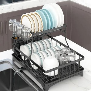 DOMETOUR 2 Tier Dish Drying Rack for Kitchen Counter, Black Metal Dish Drainer with Drainage System, Large Capacity, Space Saving & Rust-Resistant - 1 of 4