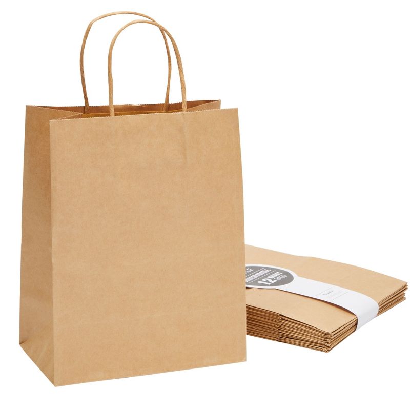 Juvale 12 Pack Medium Paper Bags with Handles, Bulk Brown Bags for Party Favors, Goodies, 8 x 4.75 x 10 In, 1 of 9